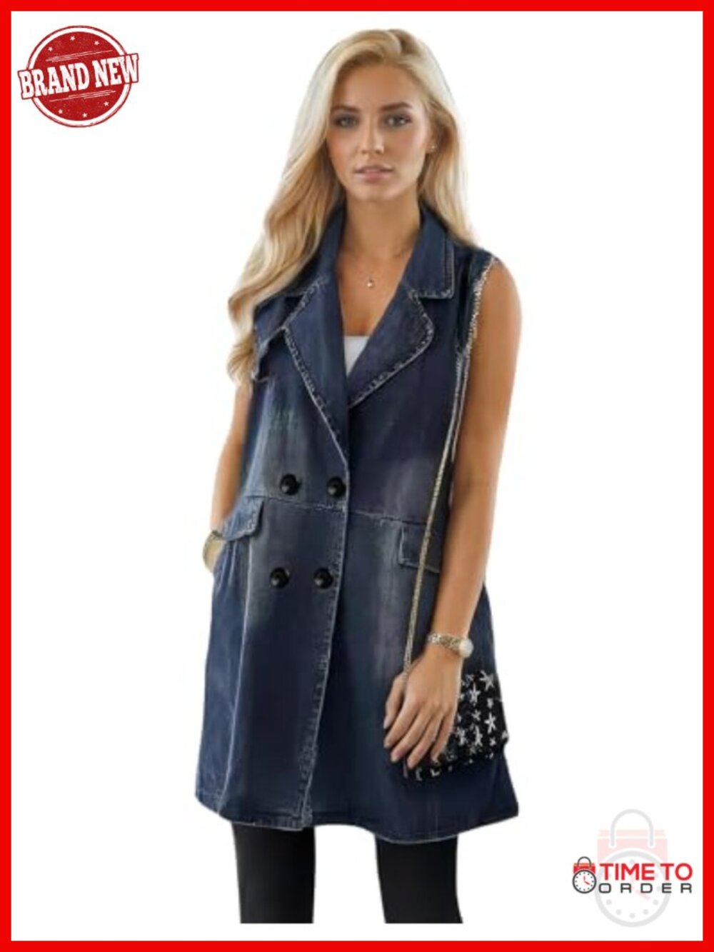 Womens Sleeveless Long Denim Vest Casual Distressed Lightweight Jean Outerwear